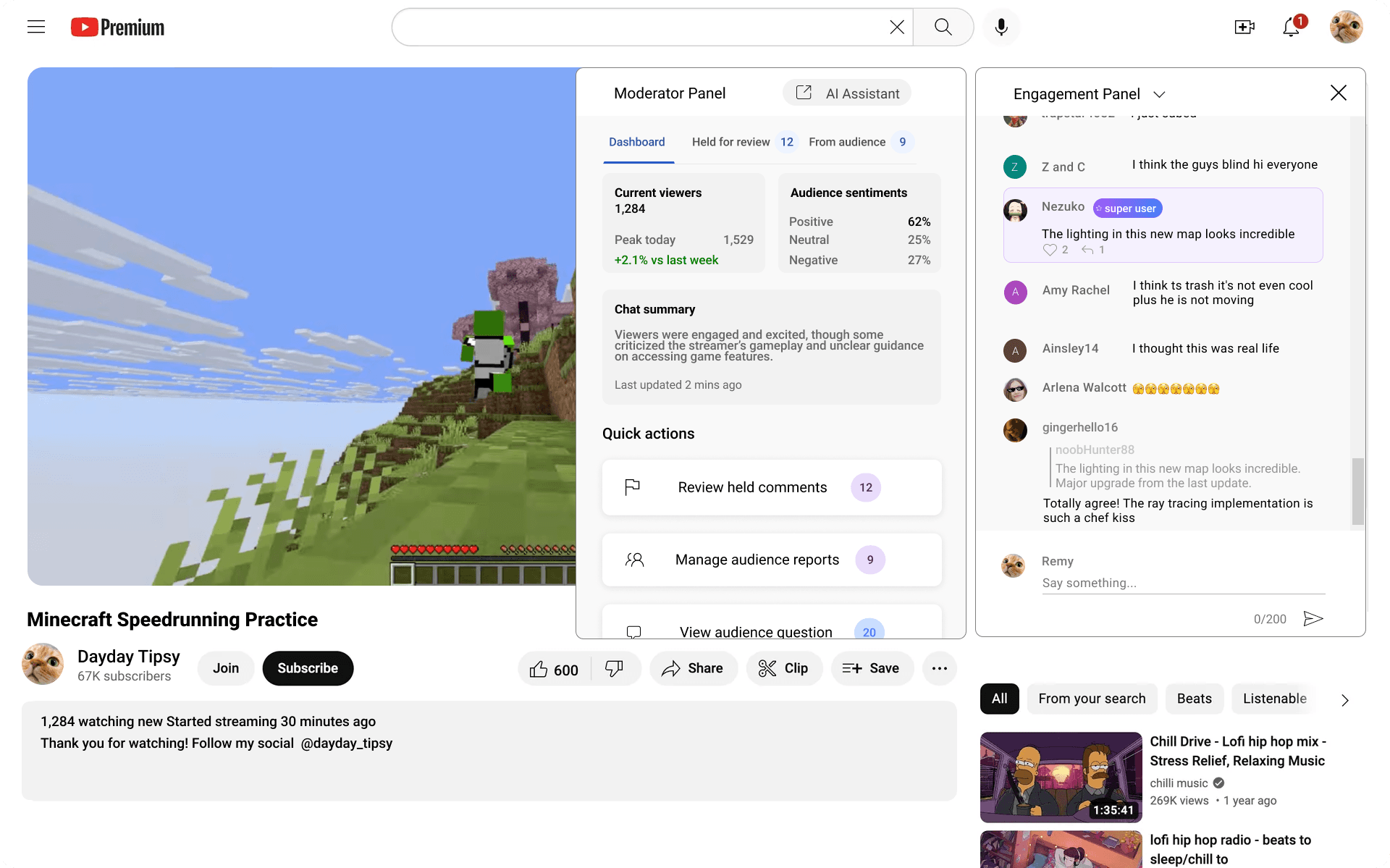 A YouTube livestream with a Moderator Panel showing viewer counts, audience sentiment, an AI chat summary, and quick actions, alongside an Engagement Panel of live chat messages