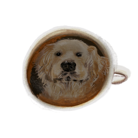 An illustrated cup of coffee with a dog's face in the foam
